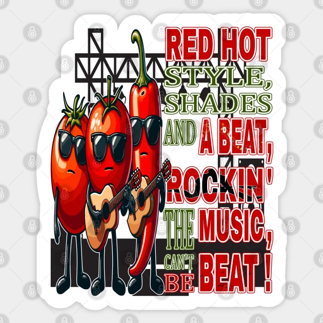 Red Hot Style Rockin the Beat, Groovy Veggie Band Sticker by maknatess